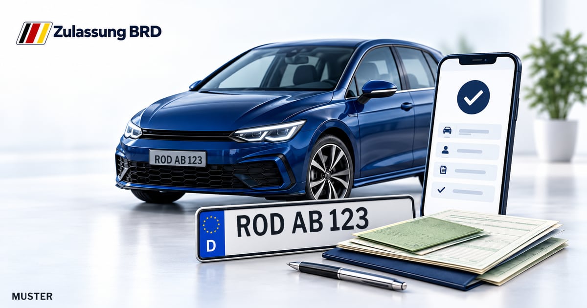 Online Fahrzeugzulassung in Roding: Musterkennzeichen ROD AB 123, Auto und Fahrzeugpapiere und Smartphone. Illustration mit Logo von Zulassung BRD.
